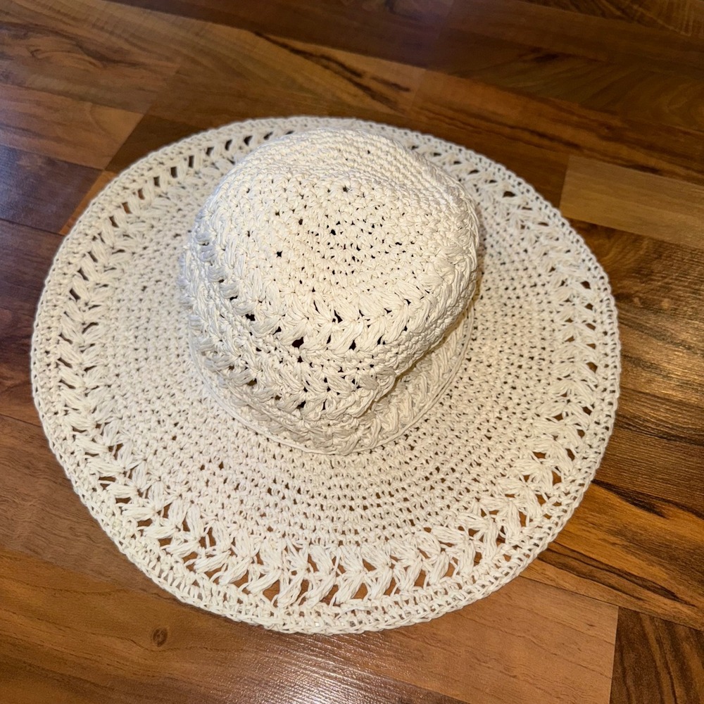 Scala Collection Women Paper‎ Straw Wide Brim Hat White Crochet Beach Vacation